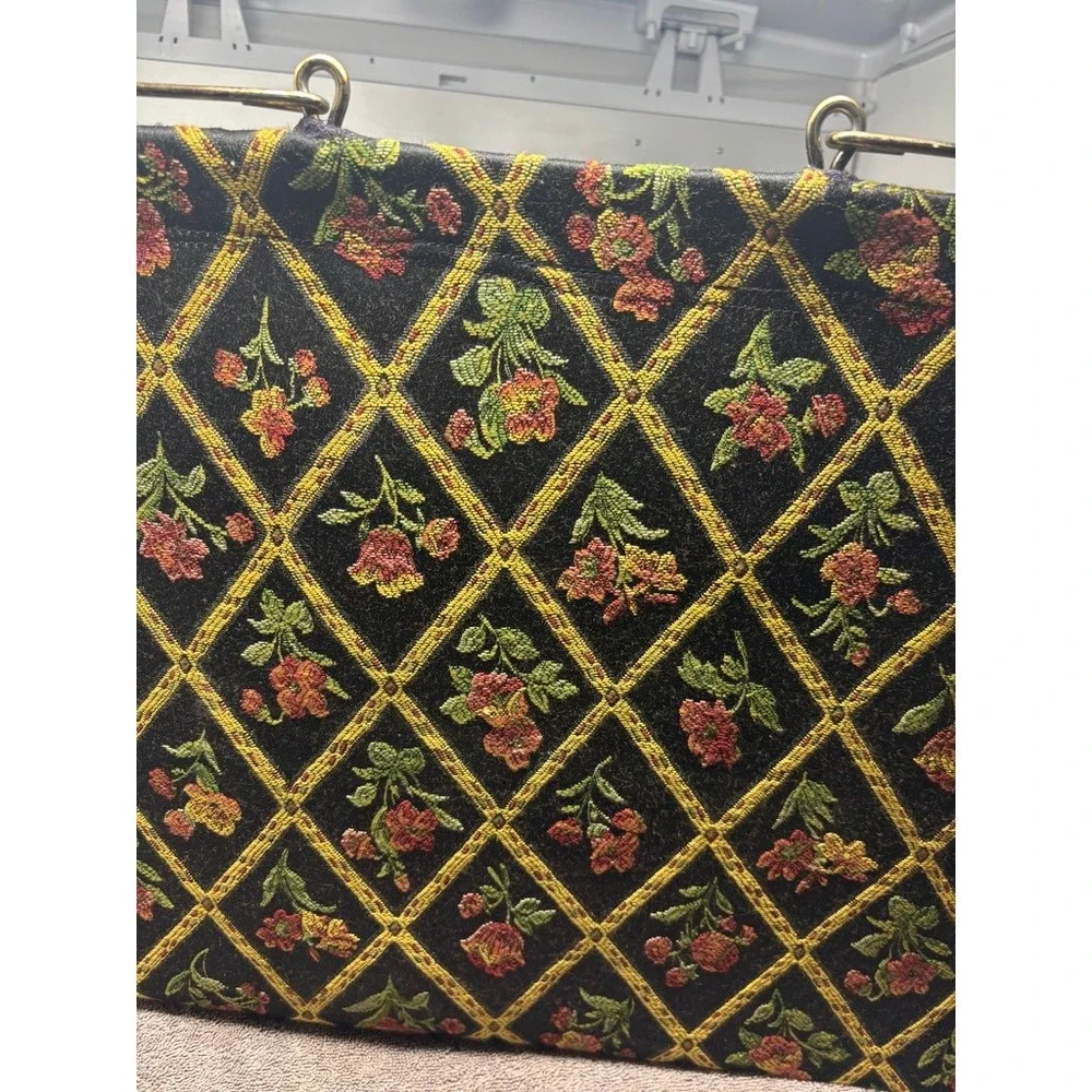 Vintage Tapestry Knitting Bag Black Floral Diamond Trellis Metal Frame Tote